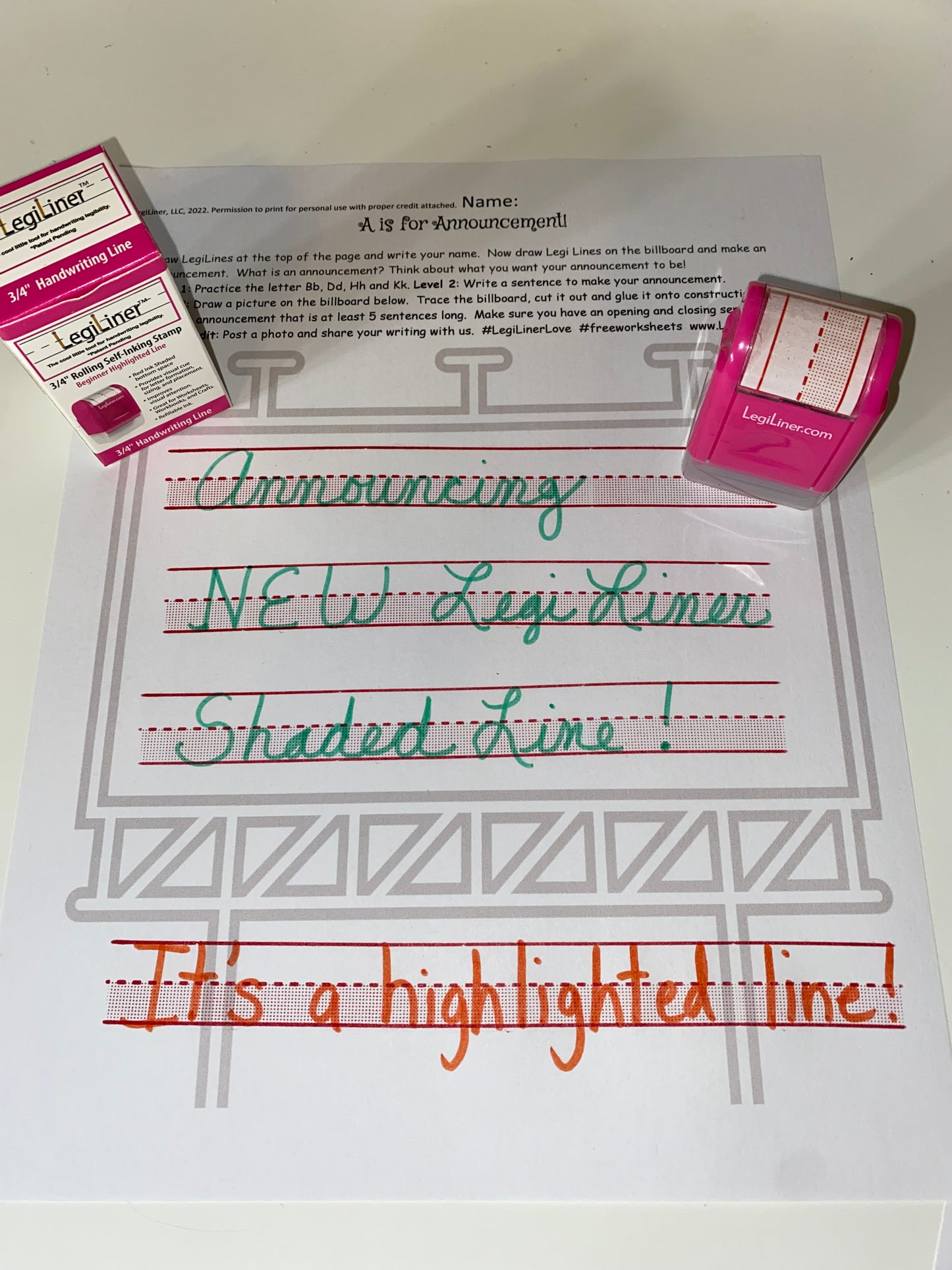 LegiLiner Self-Inking Teacher Stamp-3/4-inch Pink Shaded Handwriting Lines Roller Stamp